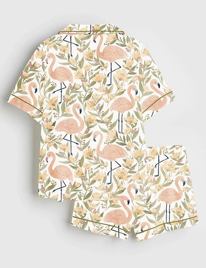 Women's Flamingos Floral Pattern Short Sleeve Satin Pajama Set
