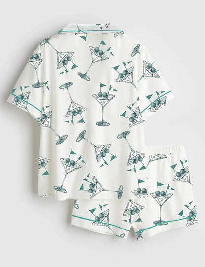 Women’s Golf Martini Augusta Masters Golf Tournament Preppy Cocktails Print Short Sleeve Satin Pajama Set