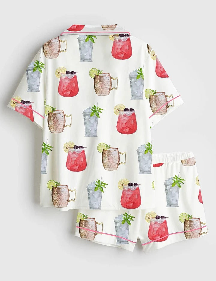Women’s Kentucky Derby 2025 Drink Sign Oaks Lily Cocktails Sign Print Short Sleeve Satin Pajama Set