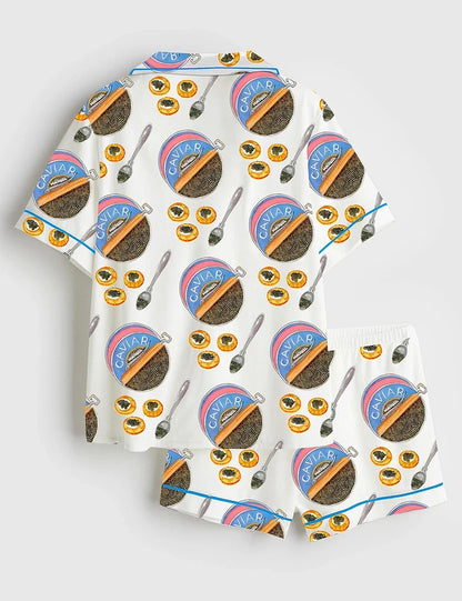 Women's Watercolor Caviar Art Print Short Sleeve Satin Pajama Set