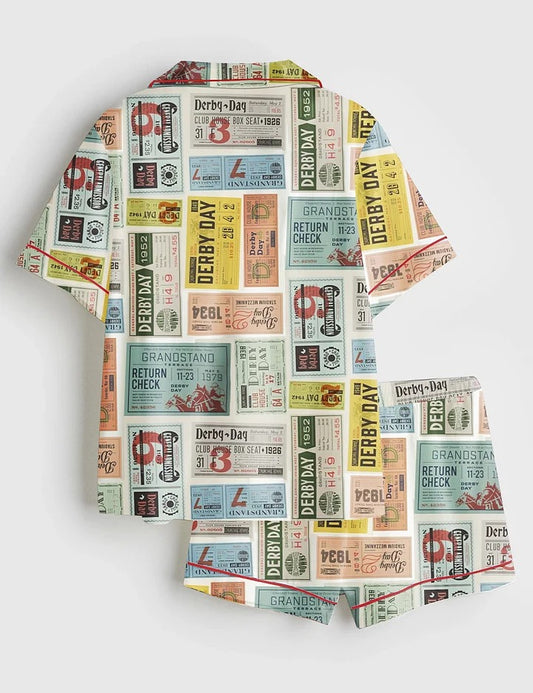 Women’s Western Kentucky Derby Day Vintage Tickets 151st Run For The Horse Print Short Sleeve Satin Pajama Set