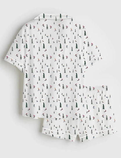 Women's Holiday Ski Short Sleeve Satin Pajama Set