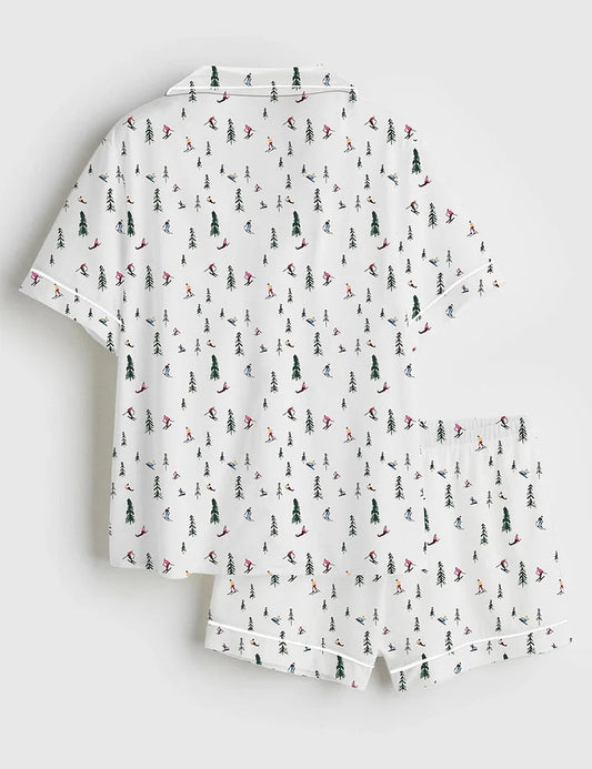 Women's Holiday Ski Short Sleeve Satin Pajama Set