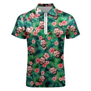 Custom Polo Shirt with Zipper Personalized Face Hawaiian Style Men's Polo Shirt