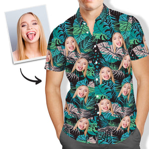 Custom Face Hawaiian Shirt Men's All Over Print Large Leaves Short Sleeve Shirt