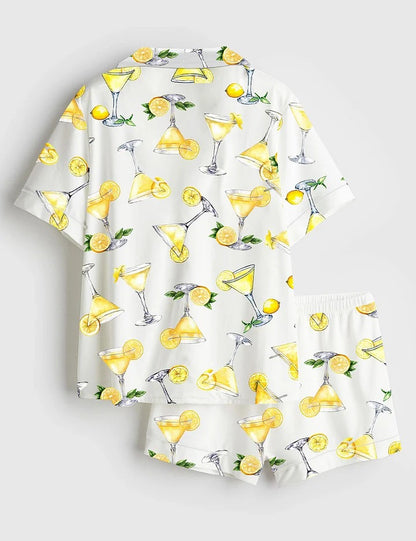 Women’s Lemon Drop Martini Watercolor Cocktail Beverage Alcohol Wedding Clipart Margarita Short Sleeve Satin Pajama Set