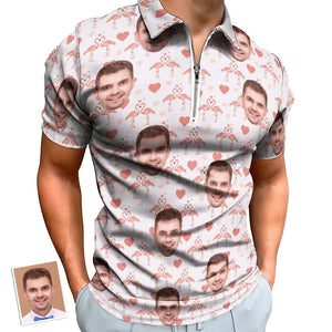 Custom Flamingo Love Men's Polo Shirt Personalized Face Funny Polo Shirt with Zipper