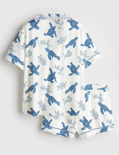Women’s Sea Turtles Coastal Design Short Sleeve Satin Pajama Set