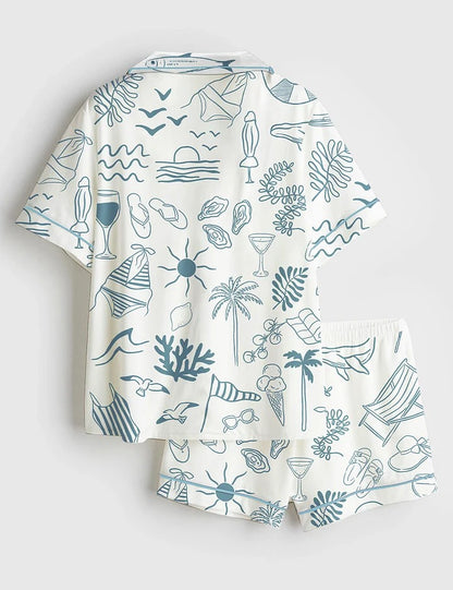 Women’s Hand Drawn Summer Beach Ocean Coastal Summer Nautical Bachelorette Print Short Sleeve Satin Pajama Set