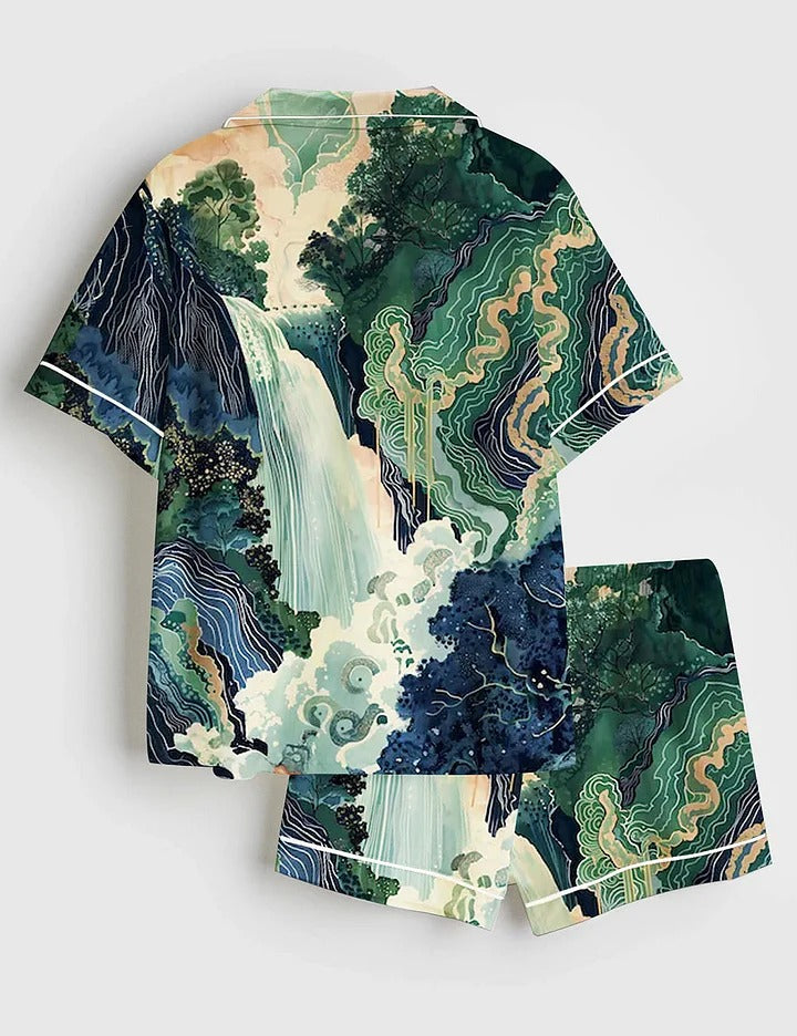 Women's Hokusai Ukiyo-e Japanese Waterfall Short Sleeve Satin Pajama Set