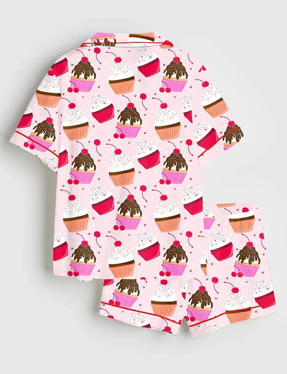 Women’s Pink Cupcake Short Sleeve Satin Pajama Set