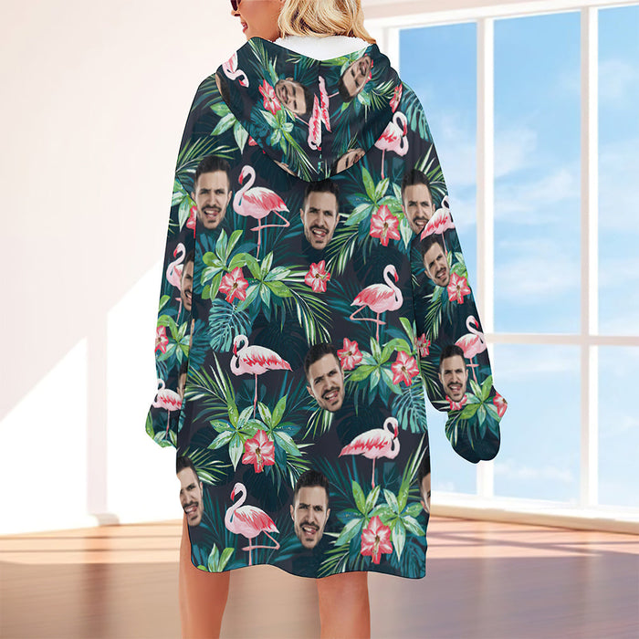 Custom Face Adult Unisex Blanket Hoodie Personalized Blanket Pajama Gift Hawaiian Flamingos