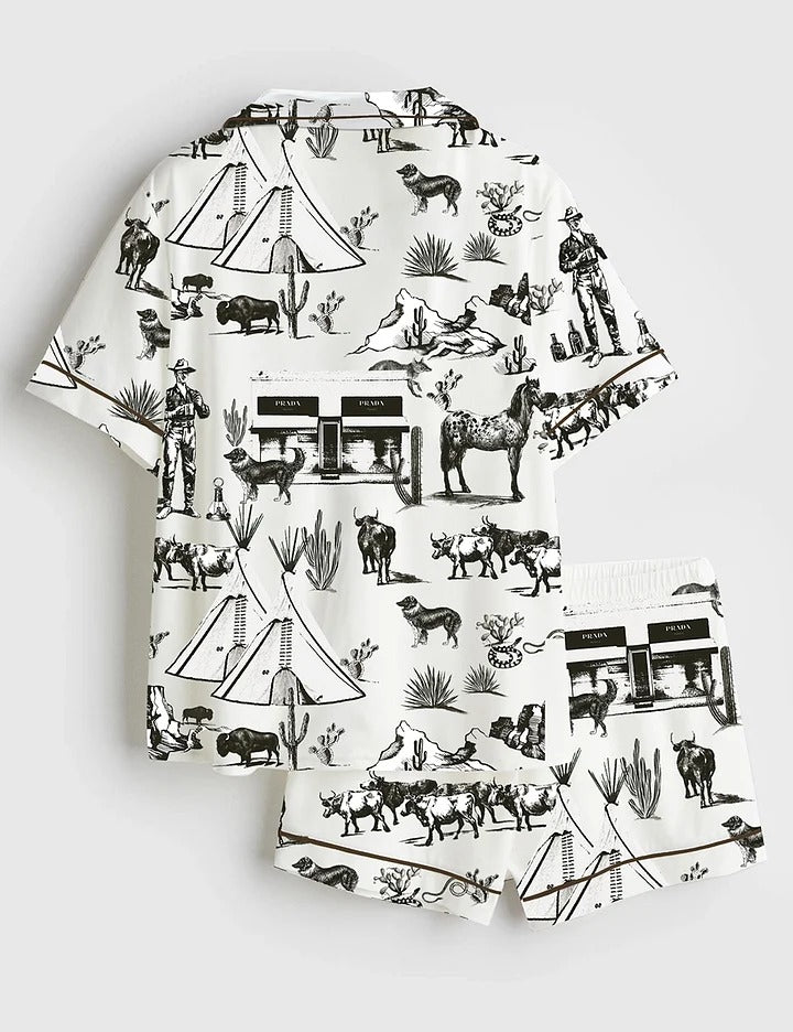 Women’s Wild West Adventure Western Cowgirl Print Short Sleeve Satin Pajama Set