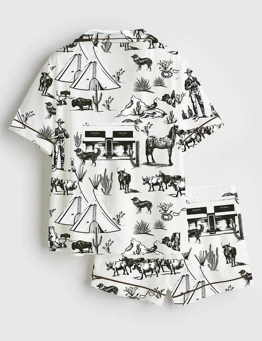 Women’s Wild West Adventure Western Cowgirl Print Short Sleeve Satin Pajama Set
