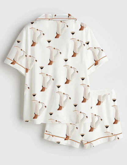 Women's White Cowgirl Espresso Martini Short Sleeve Satin Pajama Set