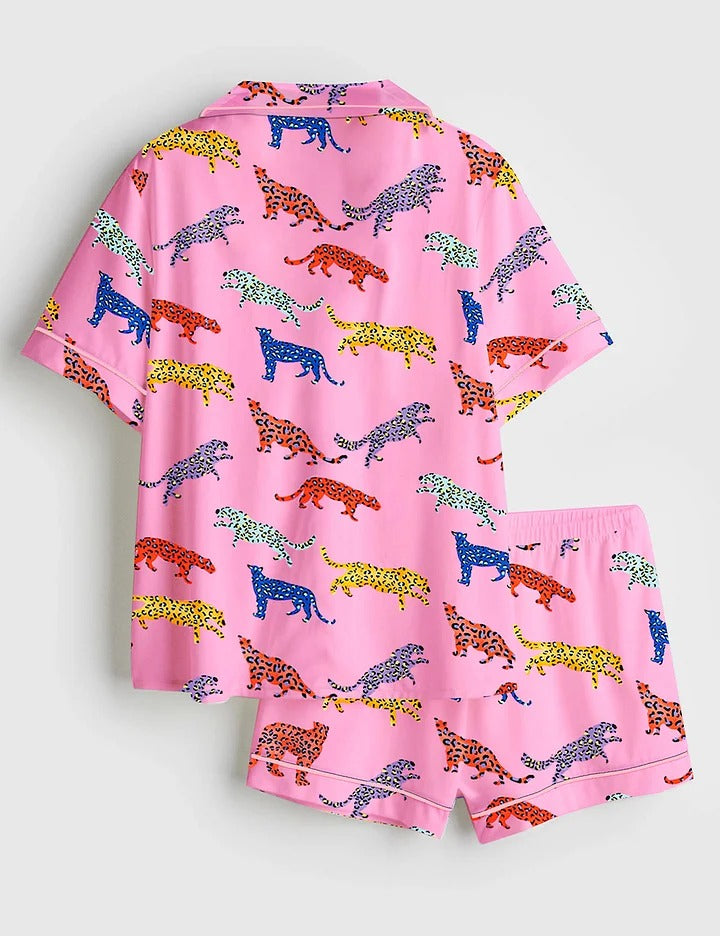 Women's Pink Cheetah Print Short Sleeve Satin Pajama Set