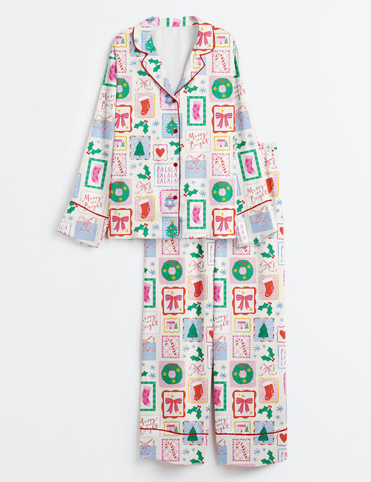 Women’s Hand Drawn Postage Stamp Coquette Christmas Long Sleeve Satin Pajama Set