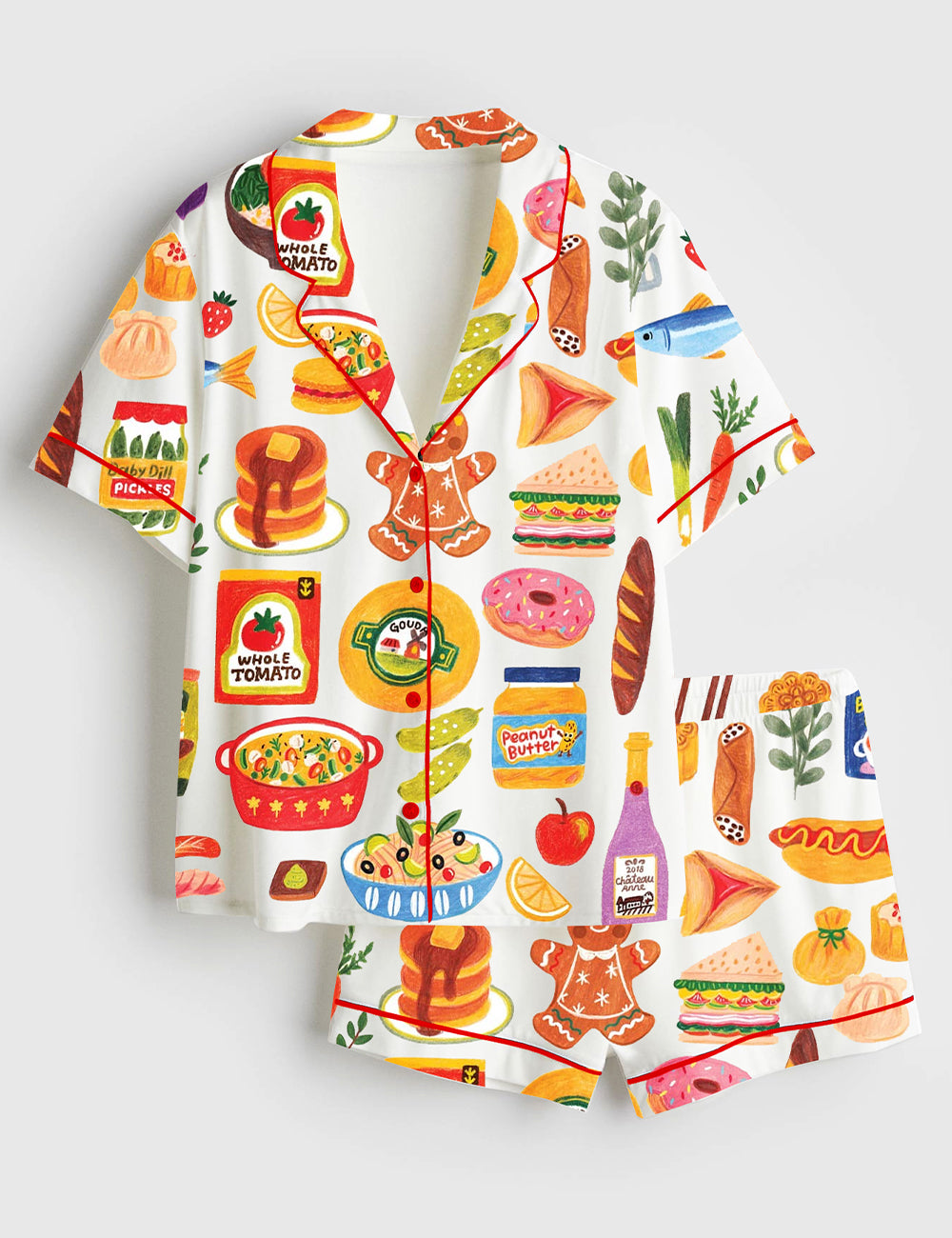 Women’s Christmas Pickle Hot Dog Ramen Dessert Salad Sauce Sushi Champagne Donut Short Sleeve Satin Pajama Set