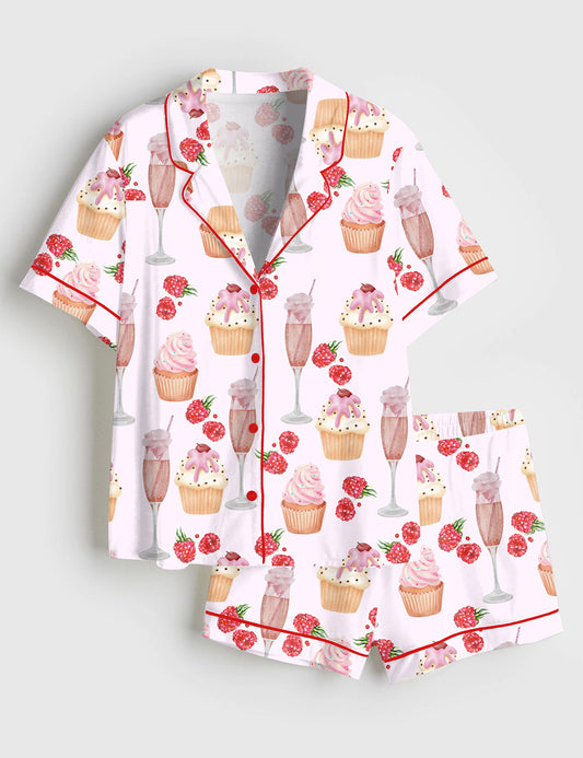 Women’s Pink Champagne Cup Cake Raspberry Picnic Party Short Sleeve Satin Pajama Set