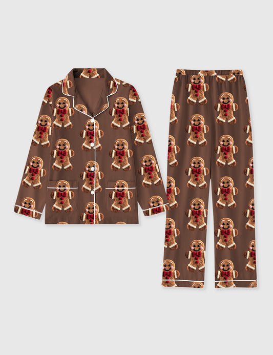 Women's Christmas Gingerbread Man Long Sleeve Pocket Cotton Pajama Set