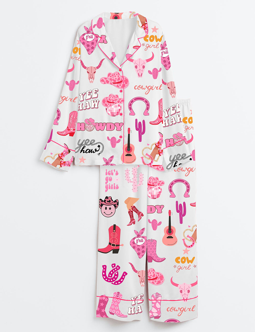 Women’s Cowgirl Boots Let's Go Disco Cowgirl Western Cow Skull Print Long Sleeve Satin Pajama Set