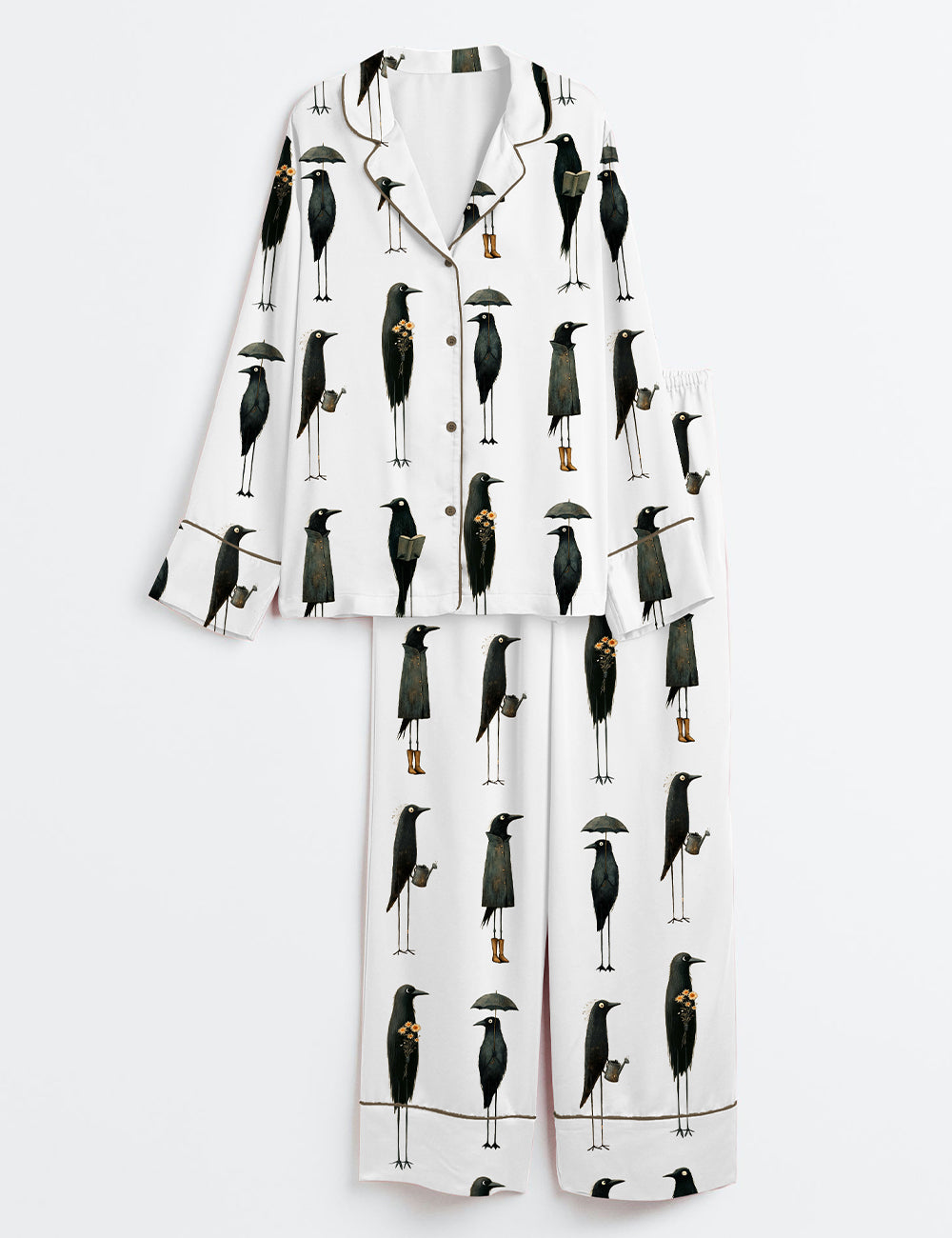 Women’s Whimsical Crows Quirky Black Raven Birding F-Caw-F Long Sleeve Satin Pajama Set