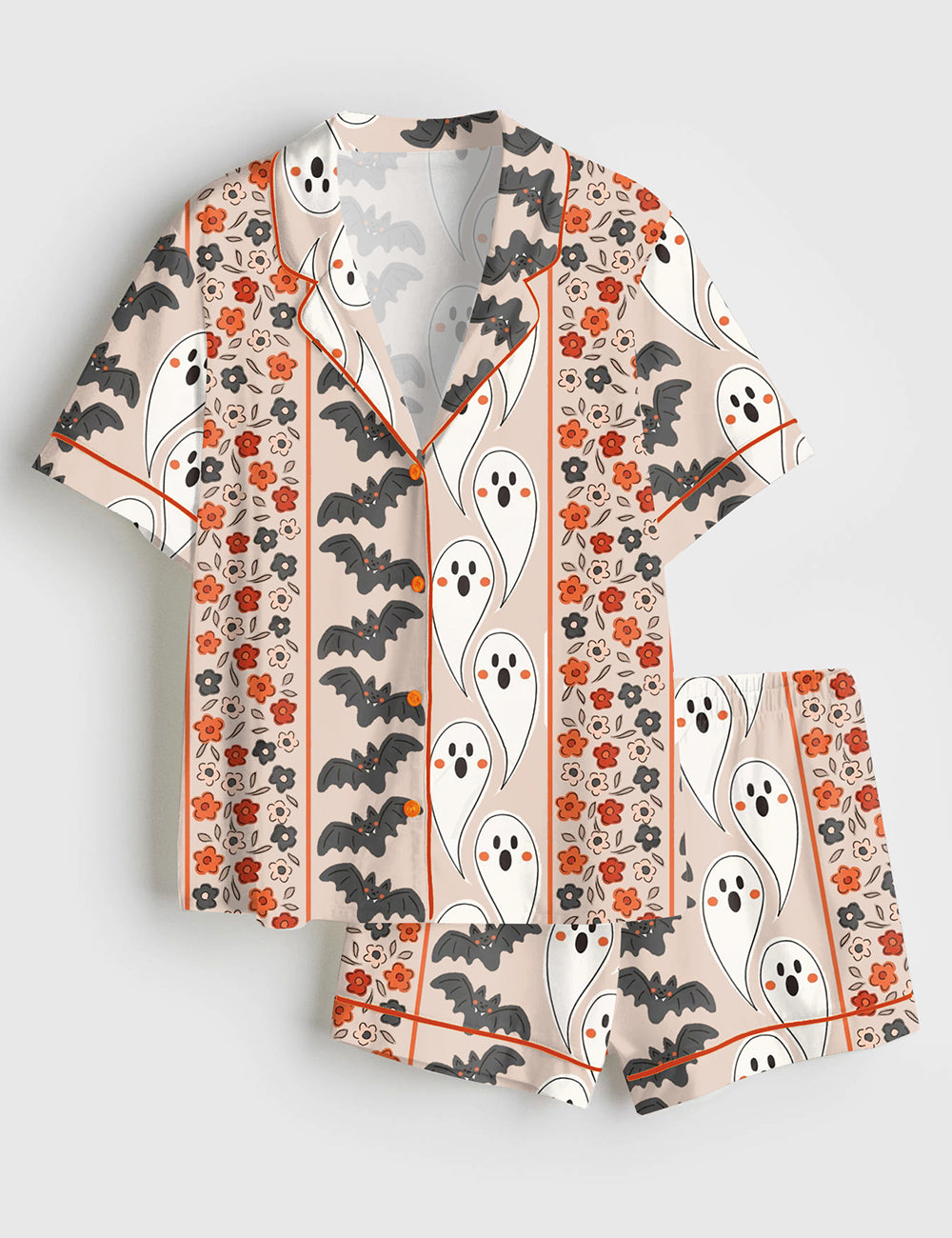 Women’s Halloween Ghost Floral Halloween Bat Short Sleeve Satin Pajama Set