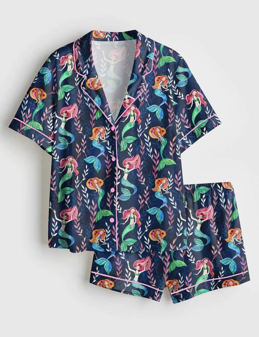 Women’s Merry Mermaids In Watercolor Short Sleeve Satin Pajama Set
