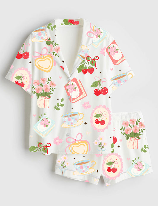 Women’s Cottagecore Tea And Berry Floral Books Cherries And Spring Elements Botanical Floral Farm Book And Coffee Flower Short Sleeve Satin Pajama Set