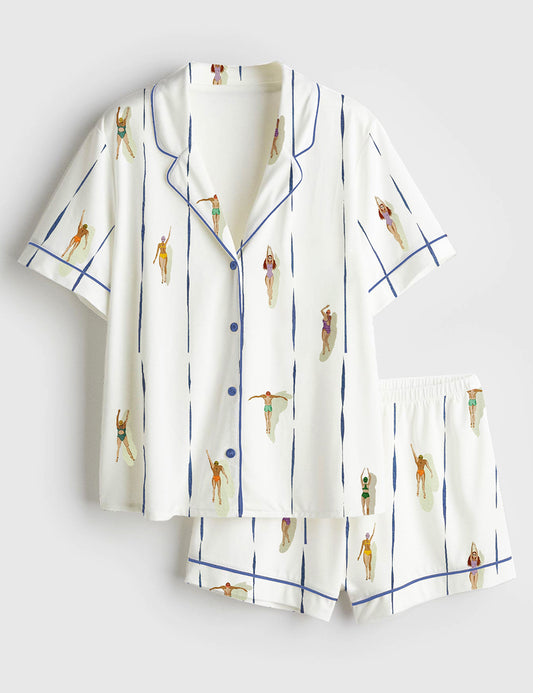 Women’s People Swimming In Pool Summer Minimalist Tiny Swimmers Print Short Sleeve Satin Pajama Set