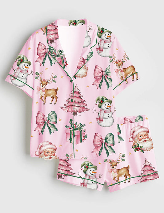 Women’s Coquette Pink Christmas Wicked Santa Short Sleeve Satin Pajama Set