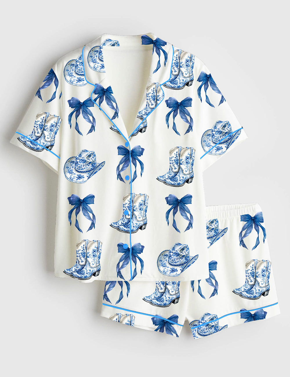 Women's Blue Chinoiserie Cowgirl Blue Toile Bow & Boots Blue And White Western Short Sleeve Satin Pajama Set