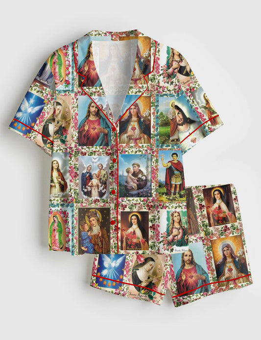 Women’s Catholic Saints Jesus God Short Sleeve Satin Pajama Set