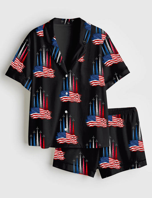 Women’s Realistic Jet Planes Patriotic 4th Of July Shirt Bold American Flag Art Print Short Sleeve Satin Pajama Set
