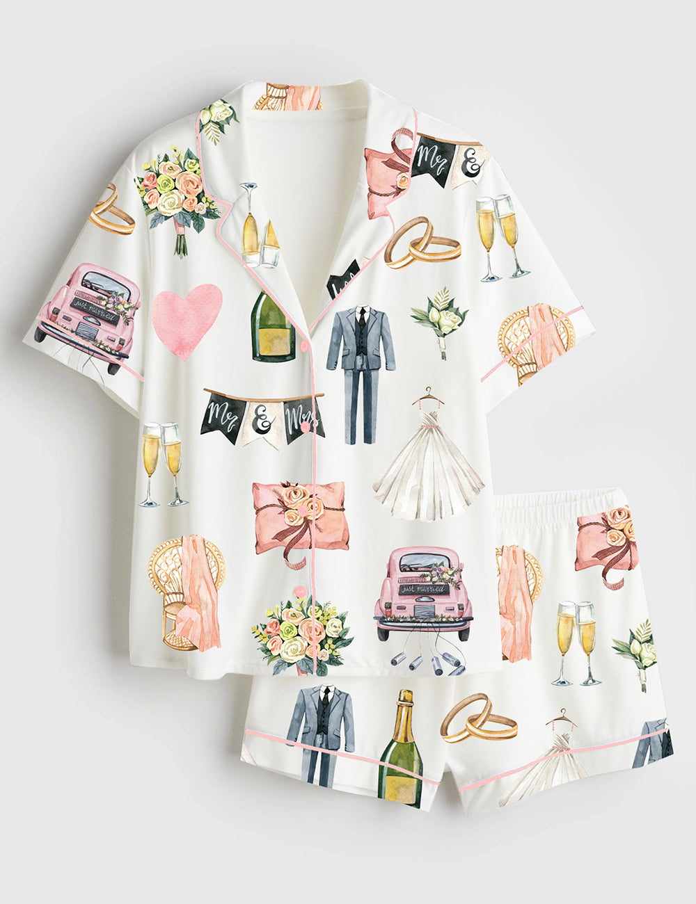 Women’s Wedding Day Anniversary Short Sleeve Satin Pajama Set