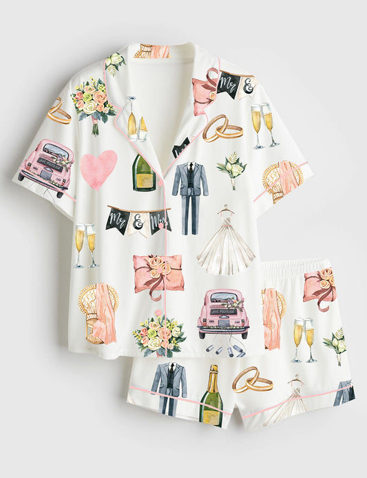 Women’s Wedding Day Anniversary Short Sleeve Satin Pajama Set