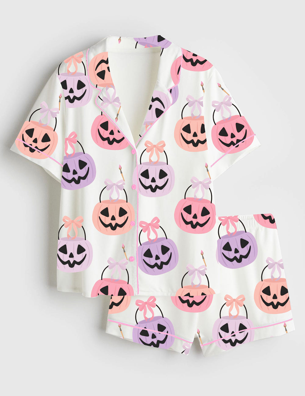 Women’s Pink Pumpkin Pails Bohemian Halloween Jack O Lantern Short Sleeve Satin Pajama Set