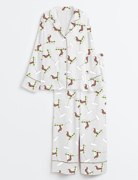 Women’s Weenie Tini Weiner Dog Dirty Martini Long Sleeve Satin Pajama Set