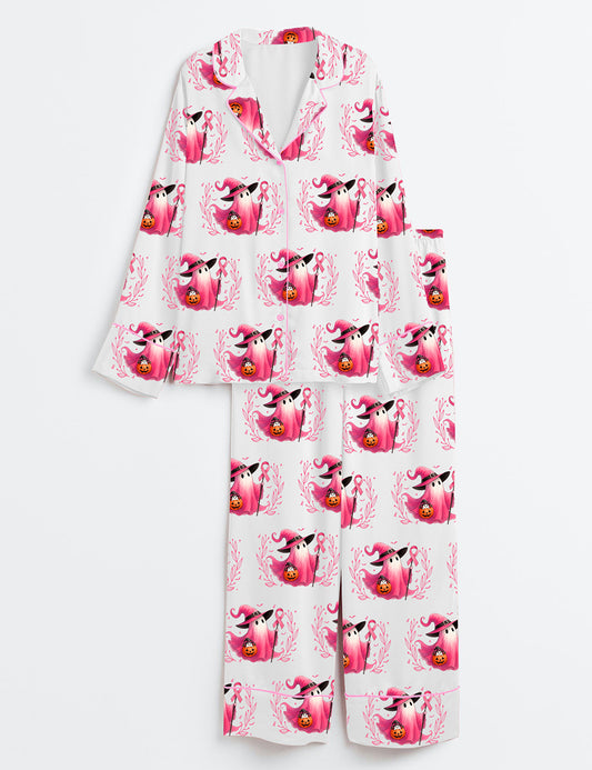 Women’s In October We Wear Pink Breast Cancer Awareness Long Sleeve Satin Pajama Set