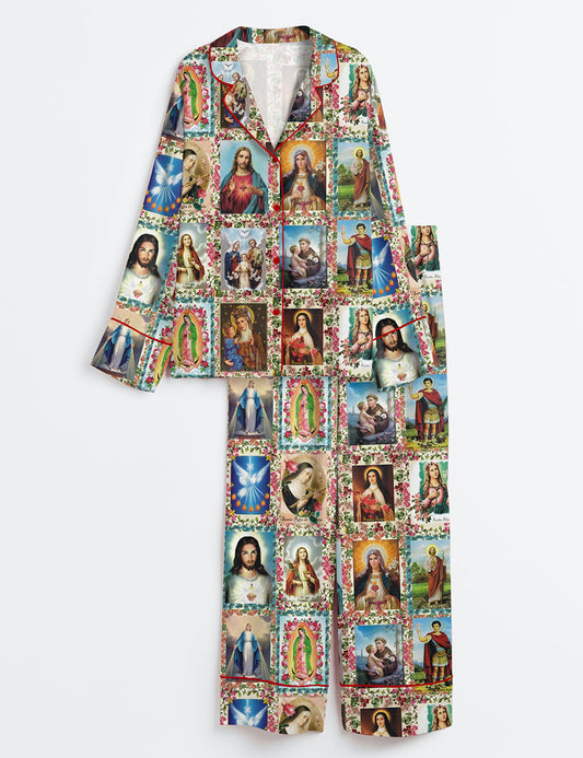 Women’s Catholic Saints Jesus God Long Sleeve Satin Pajama Set