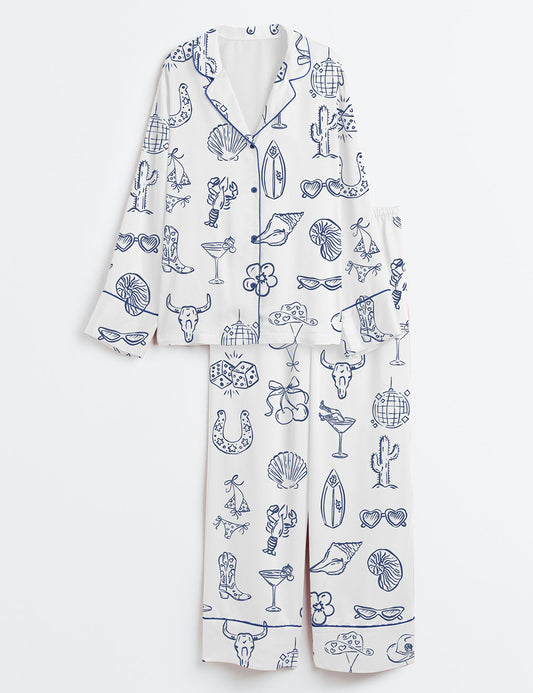 Women's Cowgirl Coastal Bachelorette Hand Drawn Whimsical Long Sleeve Satin Pajama Set