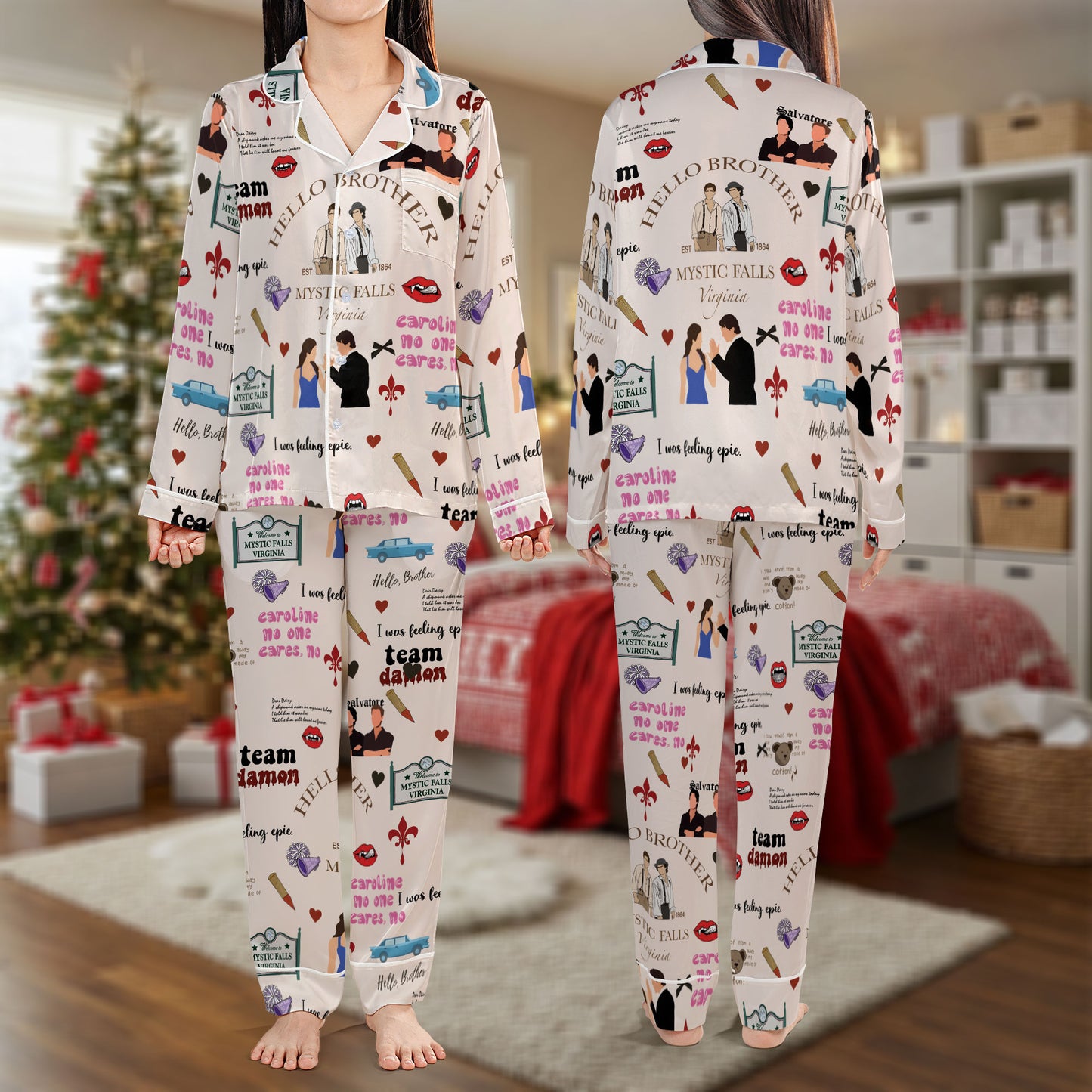 Vampire Diaries Pajama Set – Hello Brother Print Pajamas | Cozy Pajama Gift Set, Cute Pajamas for My Love, Family Pajamas for Women, Men, Kids & Youth HPRPJMADL-19