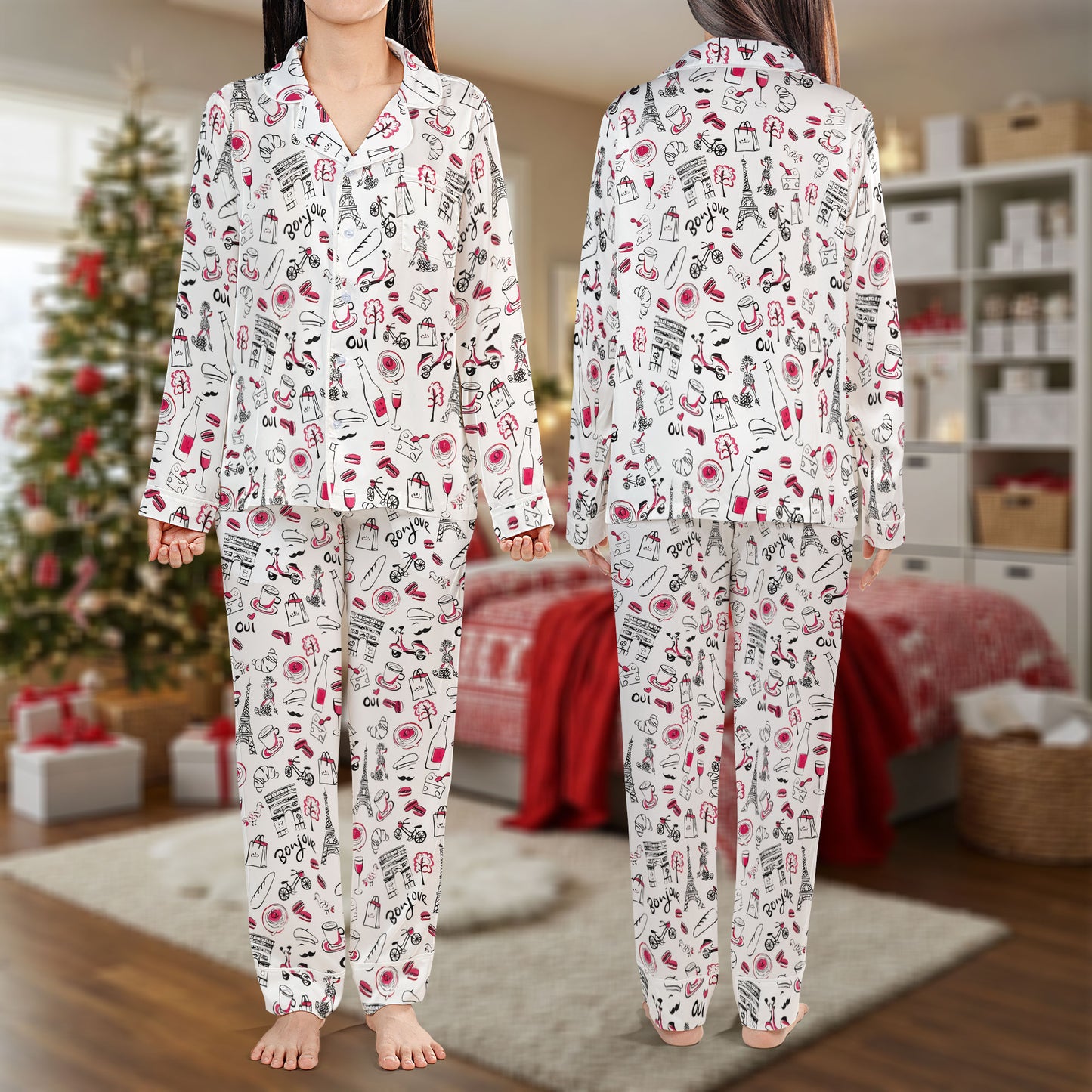 Paris Chic Pajama Set – French Style Pajamas with Cute Illustrations | Cozy Pajama Gift Set, Family Pajamas for Women, Men, Kids & Youth, Holiday Sleepwear HPRPJMADL-32