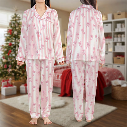 Pink Ribbon Striped Pajama Set – Elegant Bow Print Pajamas | Cozy Pajama Gift Set, Cute Pajamas for My Love, Family Pajamas for Women, Men, Kids & Youth HPRPJMADL-34