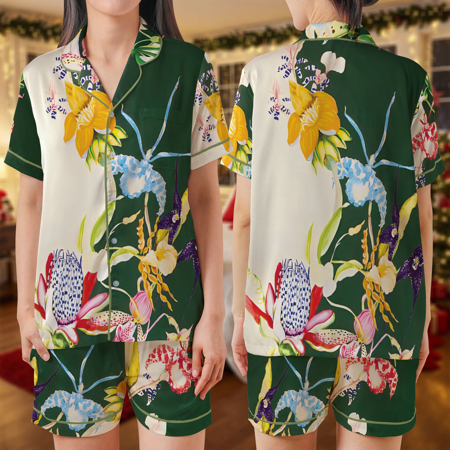 Tropical Floral Short Pajama Set – Vibrant Botanical Print Sleepwear | Cozy Summer Pajamas for Women, Men, Kids & Youth, Holiday Pajama Gift Set for My Love HPRPJMADS-02