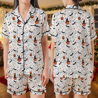 Halloween Ghost Short Pajama Set – Cute Pumpkin & Bat Print Pajamas | Spooky Sleepwear for Women, Men, Kids & Youth, Cozy Holiday Pajama Gift Set HPRPJMADS-04