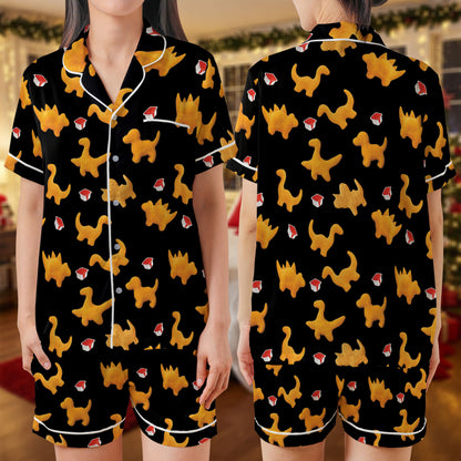 Dino Nugget Short Pajama Set – Funny Chicken Nugget & Sauce Print Sleepwear | Quirky Black Pajamas for Women, Men, Kids & Youth, Cozy Matching Gift Set HPRPJMADS-12