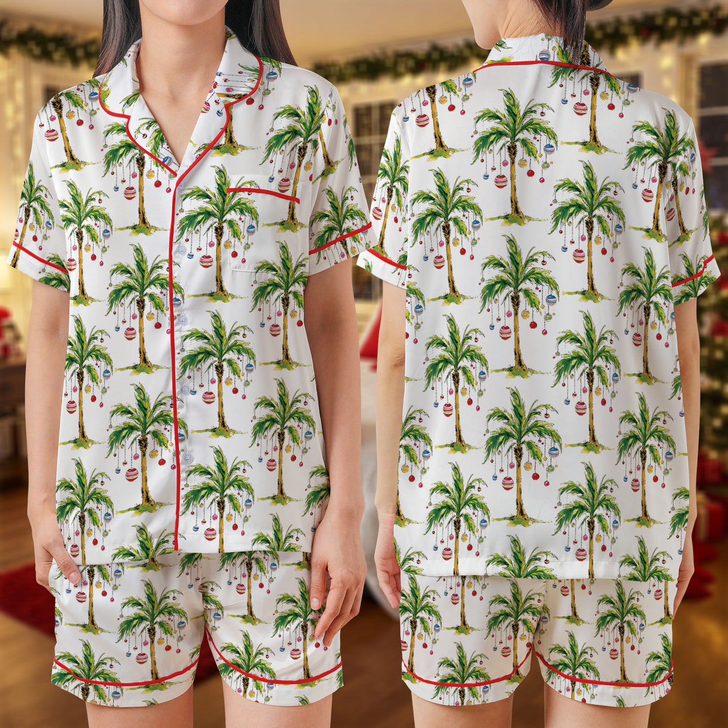 Tropical Christmas Palm Tree Short Pajama Set – Festive Beach Holiday Sleepwear | White & Green Xmas PJs for Women, Men, Kids & Family Matching Gift Set HPRPJMADS-13