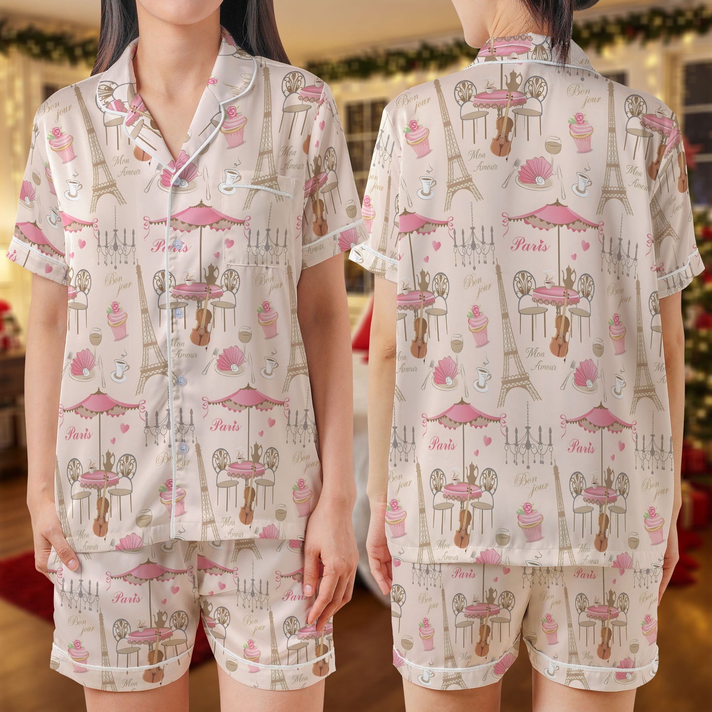 Paris Café Short Pajama Set – French Bakery & Eiffel Tower Print Sleepwear | Pink Cream Aesthetic PJs for Women, Men, Kids & Youth, Matching Family Loungewear Gift HPRPJMADS-16