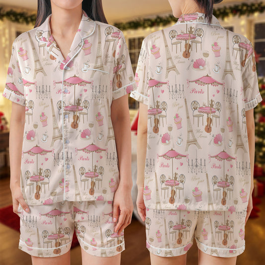 Paris Café Short Pajama Set – French Bakery & Eiffel Tower Print Sleepwear | Pink Cream Aesthetic PJs for Women, Men, Kids & Youth, Matching Family Loungewear Gift HPRPJMADS-16